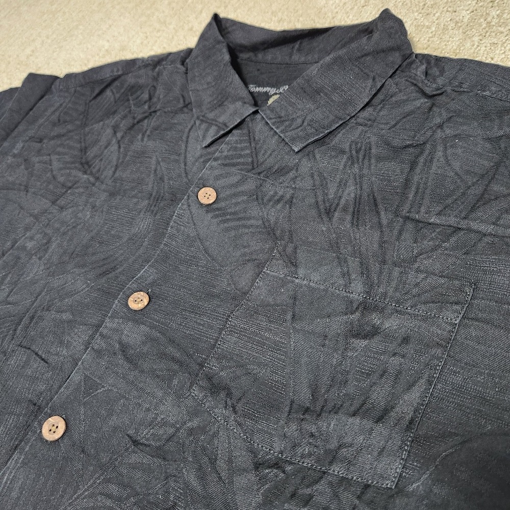 Tommy Bahama Shirt Men XL Loop Collar Jacquard Floral Silk Camp Black Hawaiian